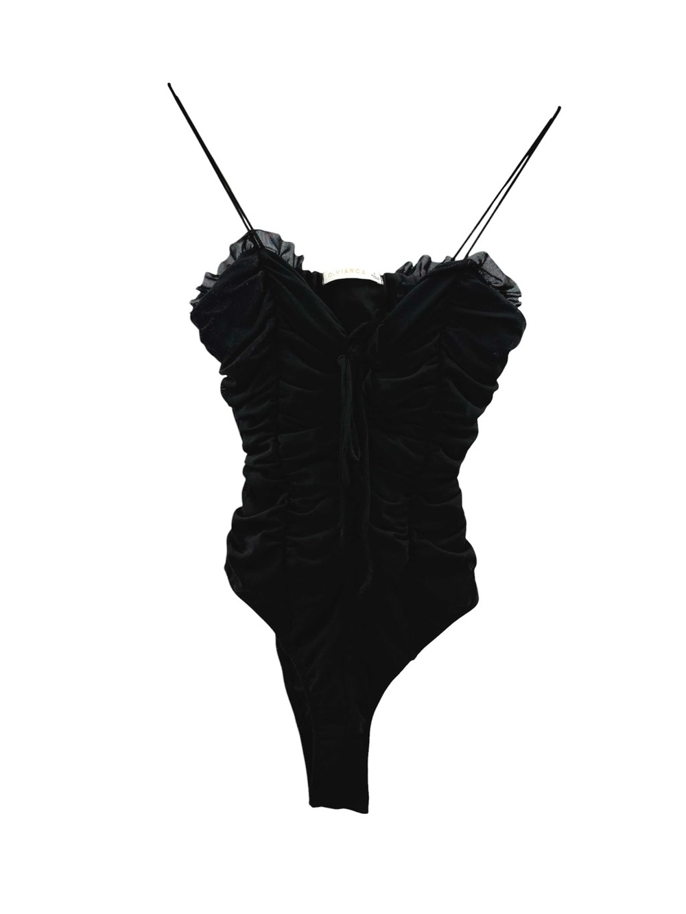 O. Vianca Black Ruched Mesh Trim Bodysuit Cami Goth Coquette Size S